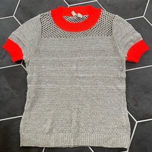 Anthropologie light knit gray sweater tee with neon orange trim